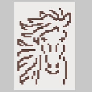 May include: A brown pixel art illustration of a horse's head with a mane.