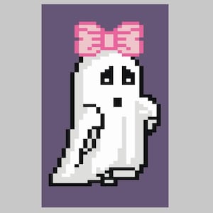 May include: Pixelated illustration of a white ghost with a pink bow on its head. The ghost has a sad expression with black eyes and a small mouth. The background is a solid purple color.