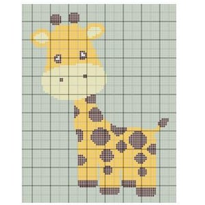 May include: A yellow and brown giraffe with black spots is depicted in a pixel art style. The giraffe is standing on a light blue background.