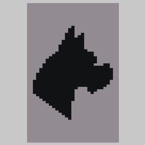 May include: A black silhouette of a dog's head, facing right, against a light gray background.