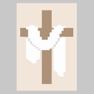 Könnte beinhalten: Ein braunes Holzkreuz mit einem weißen Tuch darüber gelegt.