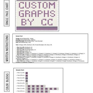 May include: A chart with instructions for creating a custom graph using different colored yarn. The chart includes a sample chart with the colors and the number of stitches needed for each row. The chart also includes a list of the yarn colors and the total number of stitches needed for each color.