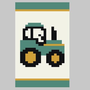 May include: A green and black pixelated tractor with yellow wheels on a white background with a gold and green border.