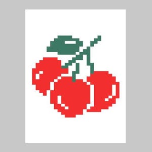 Pode incluir: Uma ilustração de pixel art de duas cerejas vermelhas com hastes e folhas verdes.