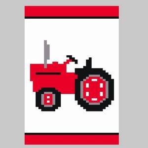May include: Pixelated illustration of a red tractor with black wheels and a smokestack, set against a white background with red borders. The tractor design is simple and geometric, suitable for children's decor or farm-themed items.
