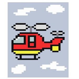 May include: A pixel art illustration of a red helicopter with yellow detailing and grey propellers, set against a light blue sky with white cloud pixel art. The design is simple and cartoon-like.
