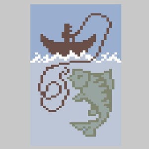 May include: A pixelated illustration of a brown boat with a person fishing from it. The fishing line is attached to a large green fish.