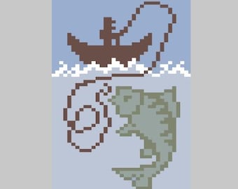 Patrón de manta de punto grueso con diseño de pescador y lubina