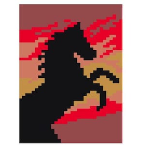 May include: A black silhouette of a horse rearing up against a red, orange, and brown background.