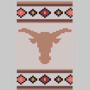 May include: A pixelated design featuring a longhorn silhouette in shades of brown on a light beige background. The top and bottom borders have a repeating pattern of pink, gold, and burgundy diamond shapes.