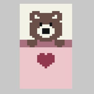 May include: A pixelated illustration of a brown bear in bed. The bear is under a pink blanket with a maroon heart. The background is a light beige color.