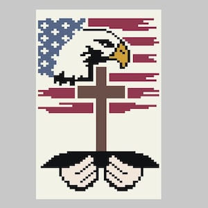 May include: A pixel art image depicting an American flag, an eagle, and a cross. The eagle is positioned above the cross, with the flag in the background. The cross is held by two hands. The colours used are red, white, blue, brown, and black.