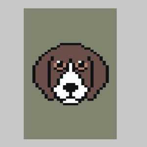 May include: Pixel art illustration of a brown and white beagle dog with brown eyes. The dog is facing forward with its mouth closed. The background is a solid green color.