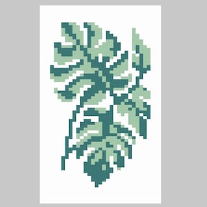 May include: A pixelated illustration of a Monstera leaf in shades of green and teal against a white background. The leaf is the focal point, showcasing a digital art style with a botanical theme.