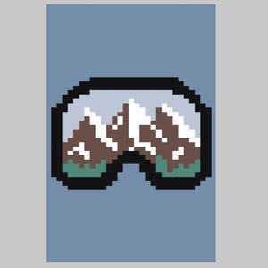 May include: Pixelated illustration of ski goggles with a mountain scene reflected in the lenses. The goggles have a black frame, and the mountains are brown and white, with a green base, set against a blue background.