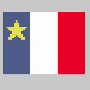 May include: A pixelated flag design featuring a vertical tricolor of blue, white, and red. The blue section on the left displays a yellow star. The flag is set against a gray background.