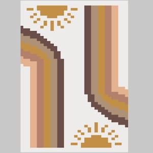 May include: Abstract digital art print featuring two stylized suns with rays in shades of brown and yellow, and two curved lines of color in shades of brown, peach, and beige.