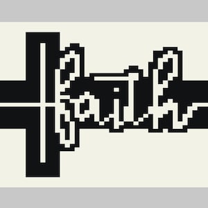 Puede incluir: Gráfico de arte de píxeles en blanco y negro de la palabra "fe" con una cruz detrás.