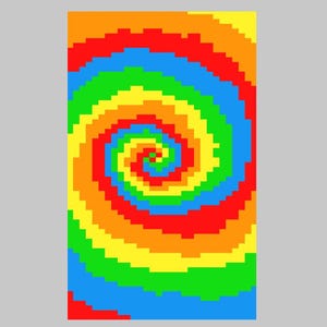 May include: A vibrant, pixelated spiral design in a rectangular format. The pattern features concentric rings of red, orange, yellow, green, and blue, creating a colorful, eye-catching visual.
