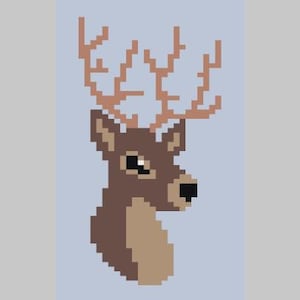 May include: Pixelated illustration of a deer head with large antlers. The deer is brown with a lighter tan chest and a black nose. The background is a light blue-gray color.