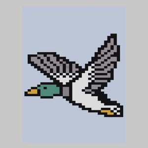 May include: A pixelated illustration of a duck in flight. The duck is gray and white with a green head and yellow beak. The duck is flying against a light blue background.