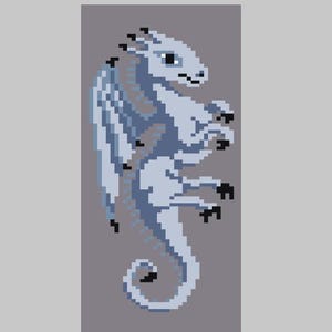 May include: Pixel art illustration of a light blue dragon with darker blue accents and black details. The dragon has large wings and is set against a gray background. The dragon is in a curled pose.