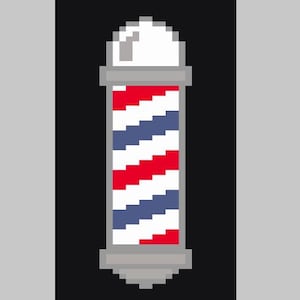 Peut inclure: Illustration pixelisée d'un poteau de barbier. Le poteau présente un sommet blanc, une base grise et une colonne centrale avec des rayures rouges, blanches et bleues. Le fond est noir, et le design est simple et graphique.
