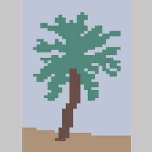 May include: A pixelated illustration of a palm tree with a brown trunk and green leaves against a light blue background. The tree is standing on a brown sandy surface.
