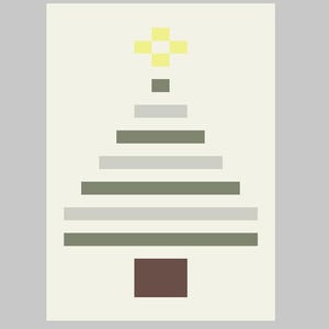 May include: A minimalist graphic illustration of a Christmas tree on a cream background. The tree is composed of horizontal bars in alternating shades of sage green and light gray, topped with a yellow cross-shaped star and a brown square base.