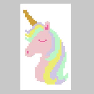 Puede incluir: Ilustración pixelada de una cabeza de unicornio. El unicornio tiene un cuerpo rosa, un cuerno dorado y una melena colorida en tonos amarillos, verdes y morados. El ojo del unicornio está cerrado y tiene una pequeña boca rosa.