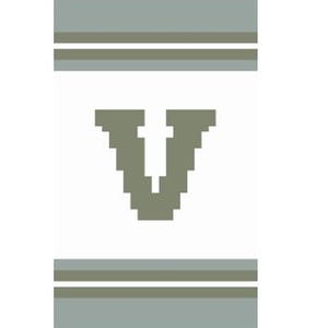 May include: A white background with two horizontal stripes in light blue and dark green. The letter "V" is in the centre of the image in dark green.