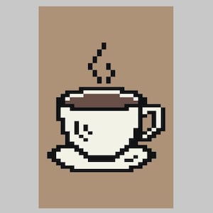 Peut inclure: Une illustration pixelisée d'une tasse à café blanche avec un liquide brun à l'intérieur et de la vapeur qui s'élève du haut. La tasse est sur une soucoupe blanche sur un fond brun.
