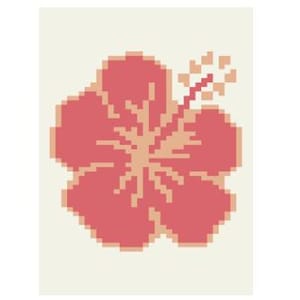 May include: A pixel art illustration of a red hibiscus flower with a yellow center.
