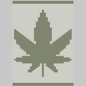 May include: A pixelated design featuring a green cannabis leaf on a light gray background. The leaf is centered, with horizontal green lines at the top and bottom. The design has a retro, digital aesthetic.