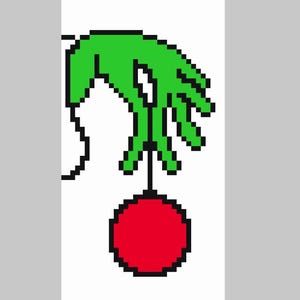 May include: A pixel art graphic featuring a bright green hand with long fingers holding a solid red circular ornament by a thin black line. The design is outlined in black against a plain white background, showcasing a simple, blocky aesthetic.