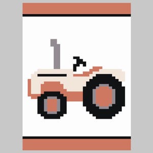 May include: A white and orange tractor with black wheels. The tractor has a gray exhaust pipe and a black steering wheel.