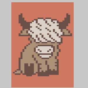 May include: A pixel art depiction of a Highland cow, featuring a brown body, cream-colored fringe, and dark horns, set against a terracotta backdrop. The image is created in a blocky, retro style.