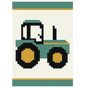 May include: A green toy tractor with black wheels and yellow tires. The tractor has a black exhaust pipe and a black window.