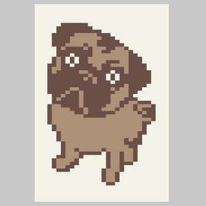 May include: A pixelated illustration of a brown pug with white eyes. The pug is standing on all four legs and has its head tilted to the side.
