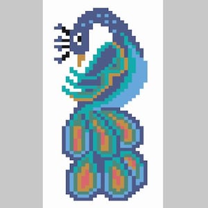 Peut inclure: Une illustration de pixel art d'un paon avec des plumes bleues, vertes et dorées. Le paon se tient sur ses plumes de la queue, qui sont déployées en éventail.