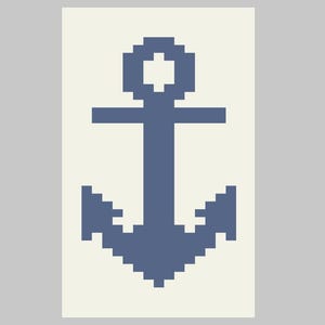 May include: A blue pixelated anchor design on a cream-colored background. The anchor is a classic nautical symbol, with a crossbar and a ring at the top. The design is simple and graphic, suitable for various applications.