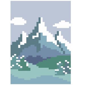 May include: A pixelated illustration of a mountain range with snow-capped peaks, surrounded by green trees and a blue sky with white clouds.