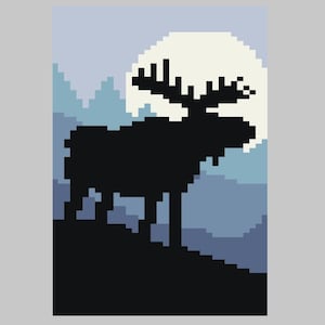May include: Pixelated art print of a moose silhouette against a backdrop of a full moon and a forest. The color palette includes shades of blue, gray, and white, creating a serene, nature-inspired scene.