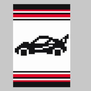 Könnte beinhalten: Ein schwarzes, pixeliertes Auto mit roten und schwarzen Streifen oben und unten im Bild.