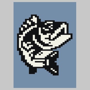 May include: A black and white pixelated image of a fish with its mouth open. The fish is facing to the right and has a large fin on its back.
