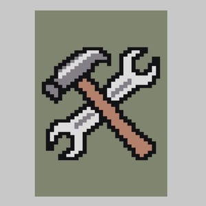 May include: A pixelated illustration of a silver hammer and wrench crossed over each other on a green background.