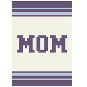 May include: A white background with three horizontal stripes in a light blue color at the top and bottom. The word "MOM" is in the center in a dark purple color.