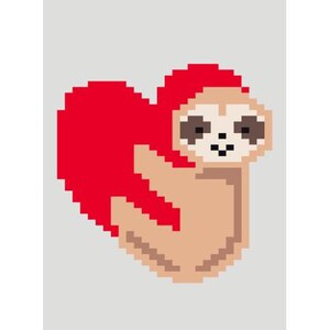 May include: Pixelated illustration of a sloth hugging a red heart. The sloth is light brown with dark brown eyes and a black nose. The heart is a vibrant red, set against a light gray background. The image has a cute and whimsical feel.