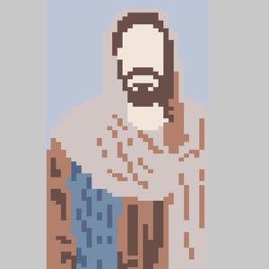 May include: Pixelated illustration of a figure with a beard, wearing a light-colored robe and a head covering. The artwork uses a limited color palette of brown, beige, blue, and gray, creating a simple, yet recognizable image.