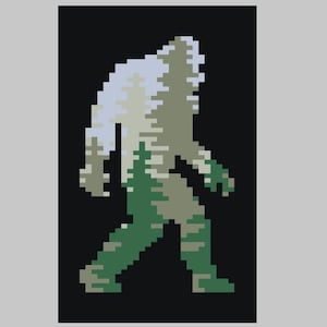 Pode incluir: Ilustração pixelizada de uma figura de Bigfoot caminhando para a direita, com uma cena de floresta preenchendo sua silhueta. A figura é principalmente verde, cinza e branca contra um fundo preto. A imagem tem uma estética retrô de videogame de 8 bits.